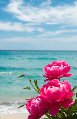 A stunning seascape featuring vibrant peonies in the foreground, blooming beautifully with their rich pink and white petals