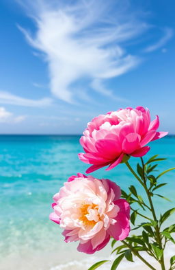 A stunning seascape featuring vibrant peonies in the foreground, blooming beautifully with their rich pink and white petals