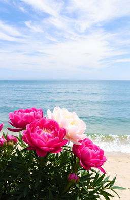 A stunning seascape featuring vibrant peonies in the foreground, blooming beautifully with their rich pink and white petals