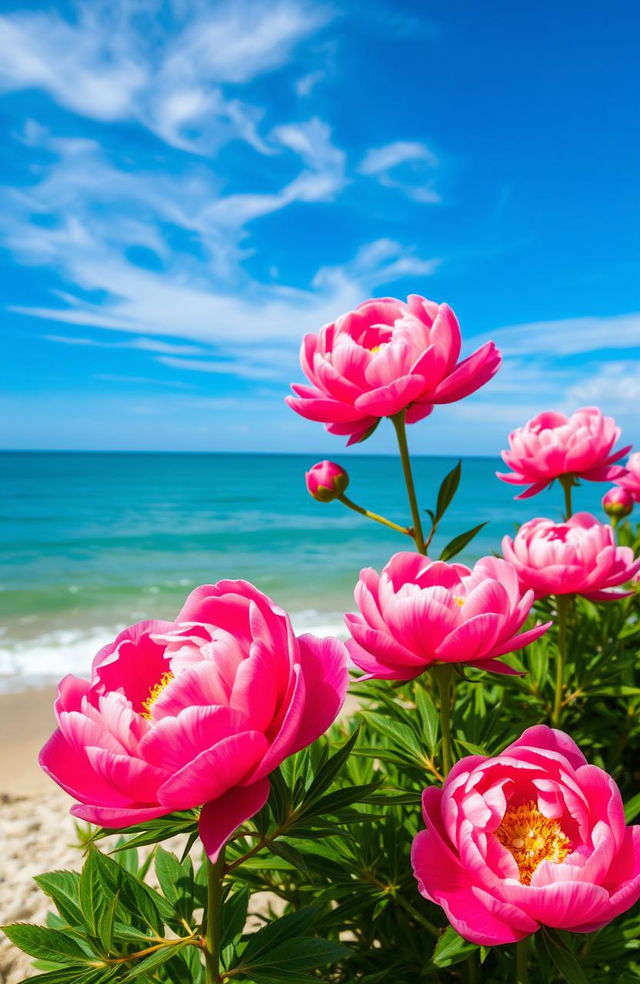 A stunning seascape featuring vibrant peonies in the foreground, blooming beautifully with their rich pink and white petals