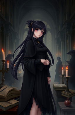 A girl student at a vampire university, depicted in a gothic setting with dark, atmospheric architecture