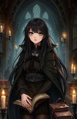 A girl student at a vampire university, depicted in a gothic setting with dark, atmospheric architecture