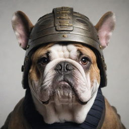 A detailed image of a fearsome bulldog wearing a traditional samurai helmet, its strong features emphasized with shadowing expressing a sense of might and respect.