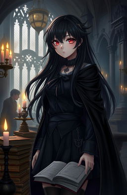 A girl student at a vampire university, depicted in a gothic setting with dark, atmospheric architecture