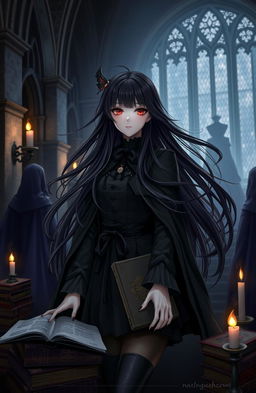 A girl student at a vampire university, depicted in a gothic setting with dark, atmospheric architecture