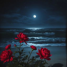 A dramatic nighttime seascape featuring deep red, almost blood-like peonies in the foreground