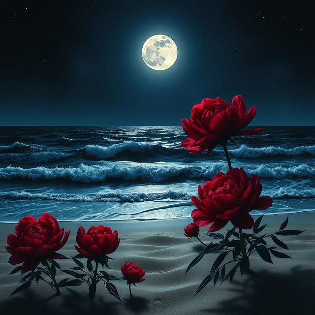 A dramatic nighttime seascape featuring deep red, almost blood-like peonies in the foreground