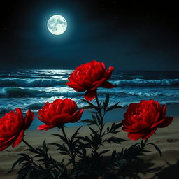 A dramatic nighttime seascape featuring deep red, almost blood-like peonies in the foreground