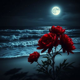 A dramatic nighttime seascape featuring deep red, almost blood-like peonies in the foreground