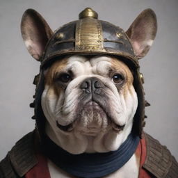 A detailed image of a fearsome bulldog wearing a traditional samurai helmet, its strong features emphasized with shadowing expressing a sense of might and respect.