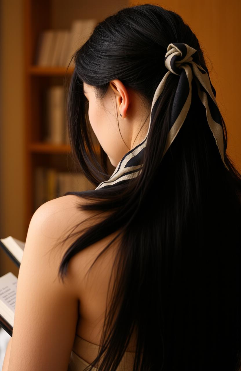 A woman with her back to the camera, showcasing her long black hair flowing down her back