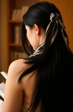 A woman with her back to the camera, showcasing her long black hair flowing down her back