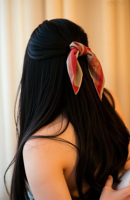 A woman with her back to the camera, showcasing her long black hair flowing down her back