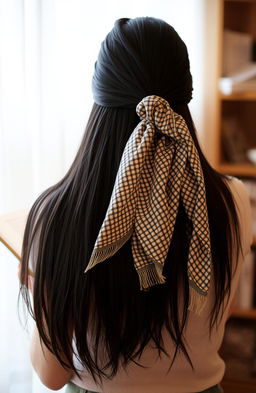 A woman with her back to the camera, showcasing her long black hair flowing down her back