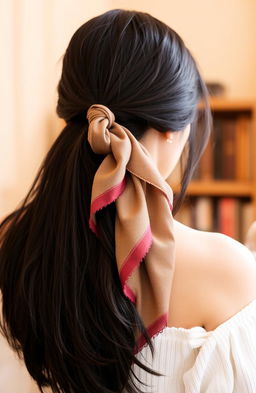 A woman with her back to the camera, showcasing her long black hair flowing down her back