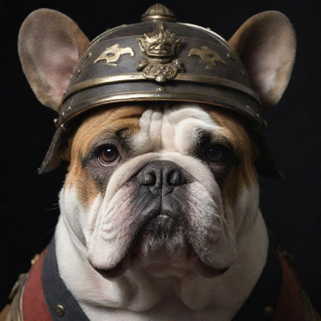 A detailed image of a fearsome bulldog wearing a traditional samurai helmet, its strong features emphasized with shadowing expressing a sense of might and respect.