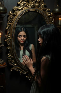 A young girl with long, flowing black hair gazes into a beautifully ornate mirror, her expression a mix of surprise and fear