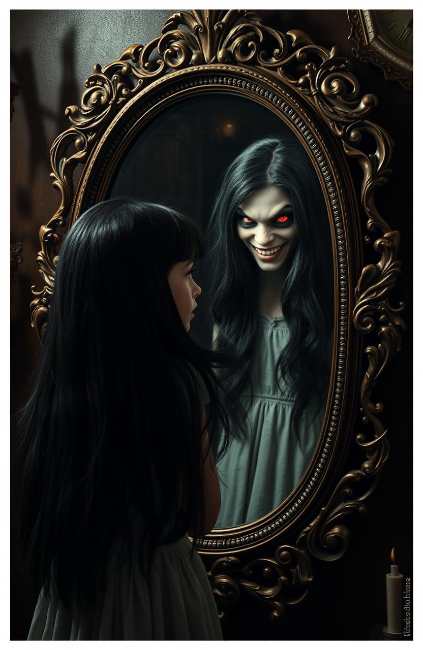 A young girl with long, flowing black hair gazes into a beautifully ornate mirror, her expression a mix of surprise and fear