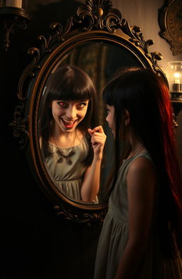 A young girl with long, flowing black hair gazes into a beautifully ornate mirror, her expression a mix of surprise and fear