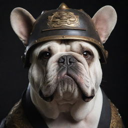 A detailed image of a fearsome bulldog wearing a traditional samurai helmet, its strong features emphasized with shadowing expressing a sense of might and respect.