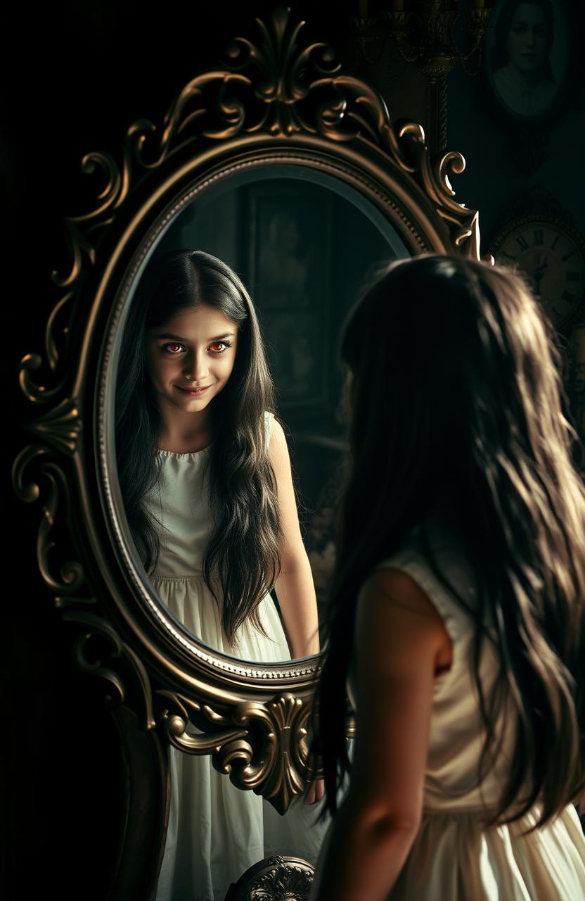 A young girl with long, flowing black hair gazes into a beautifully ornate mirror, her expression a mix of surprise and fear