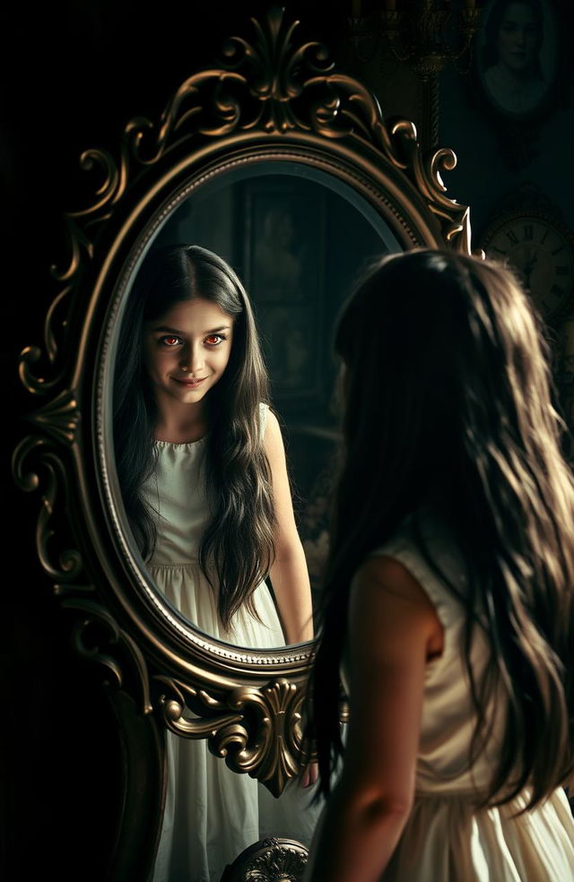 A young girl with long, flowing black hair gazes into a beautifully ornate mirror, her expression a mix of surprise and fear