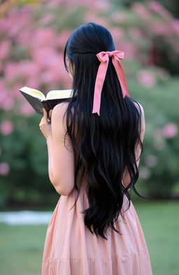 A woman standing with her back to the camera, showcasing her long black hair decorated with a stylish ribbon