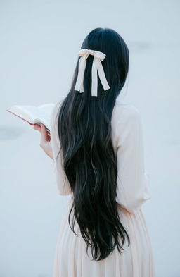 A woman standing with her back to the camera, showcasing her long black hair decorated with a stylish ribbon