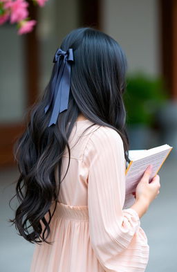 A woman standing with her back to the camera, showcasing her long black hair decorated with a stylish ribbon