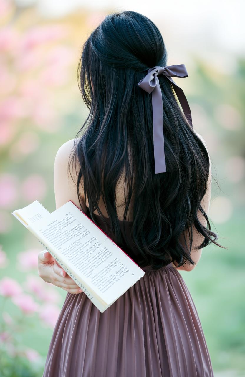 A woman standing with her back to the camera, showcasing her long black hair decorated with a stylish ribbon