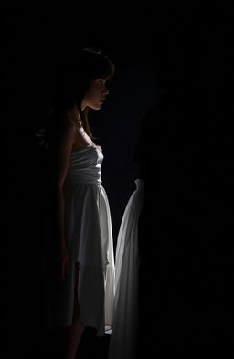 A dramatic scene featuring a girl in a torn white dress and a man in a black suit