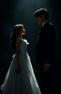 A dramatic scene featuring a girl in a torn white dress and a man in a black suit