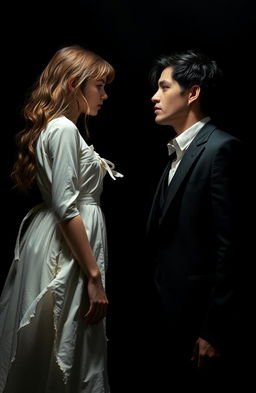 A dramatic scene featuring a girl in a torn white dress and a man in a black suit