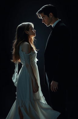 A dramatic scene featuring a girl in a torn white dress and a man in a black suit