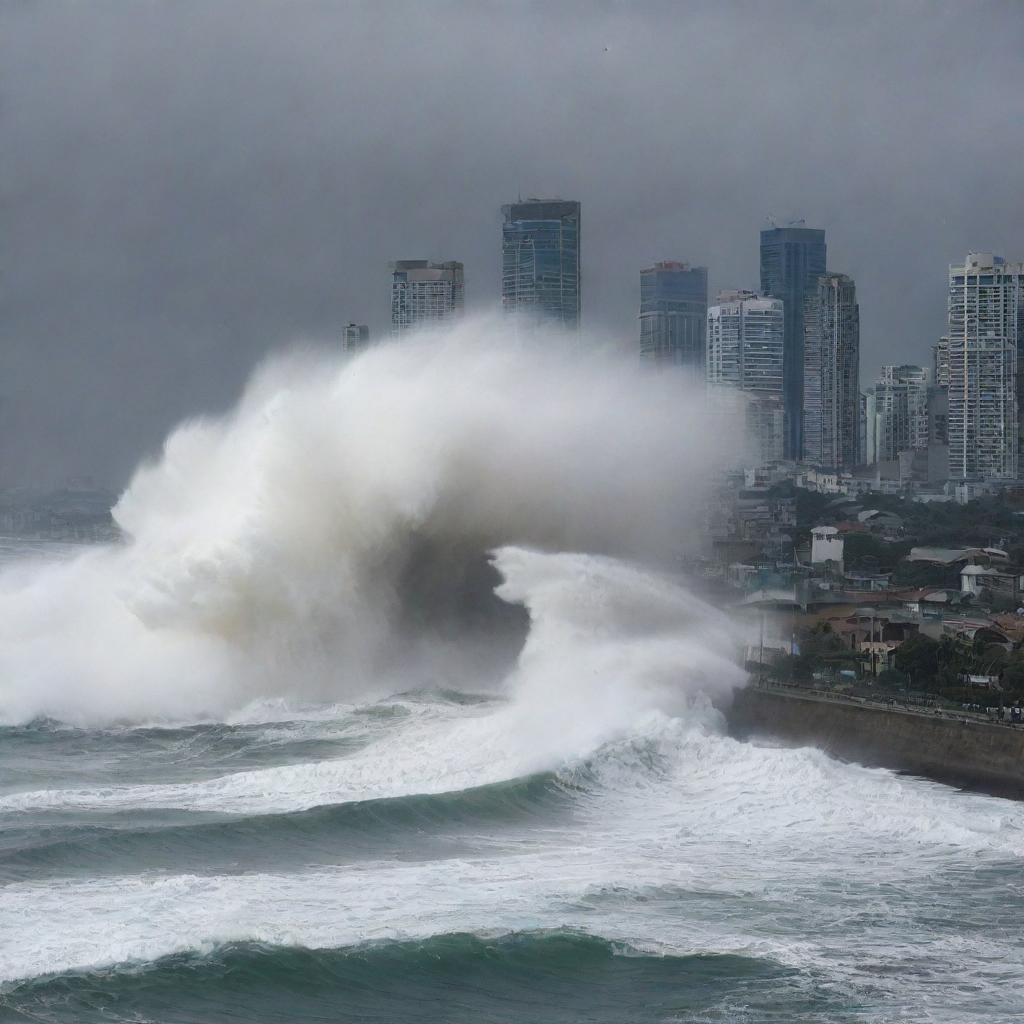 A dramatic scene as a massive tsunami engulfs the already devastated cityscape. The towering wave veils the desolate buildings in its embrace, intensifying the city's haunting transformation from a bustling metropolis to a watery grave.