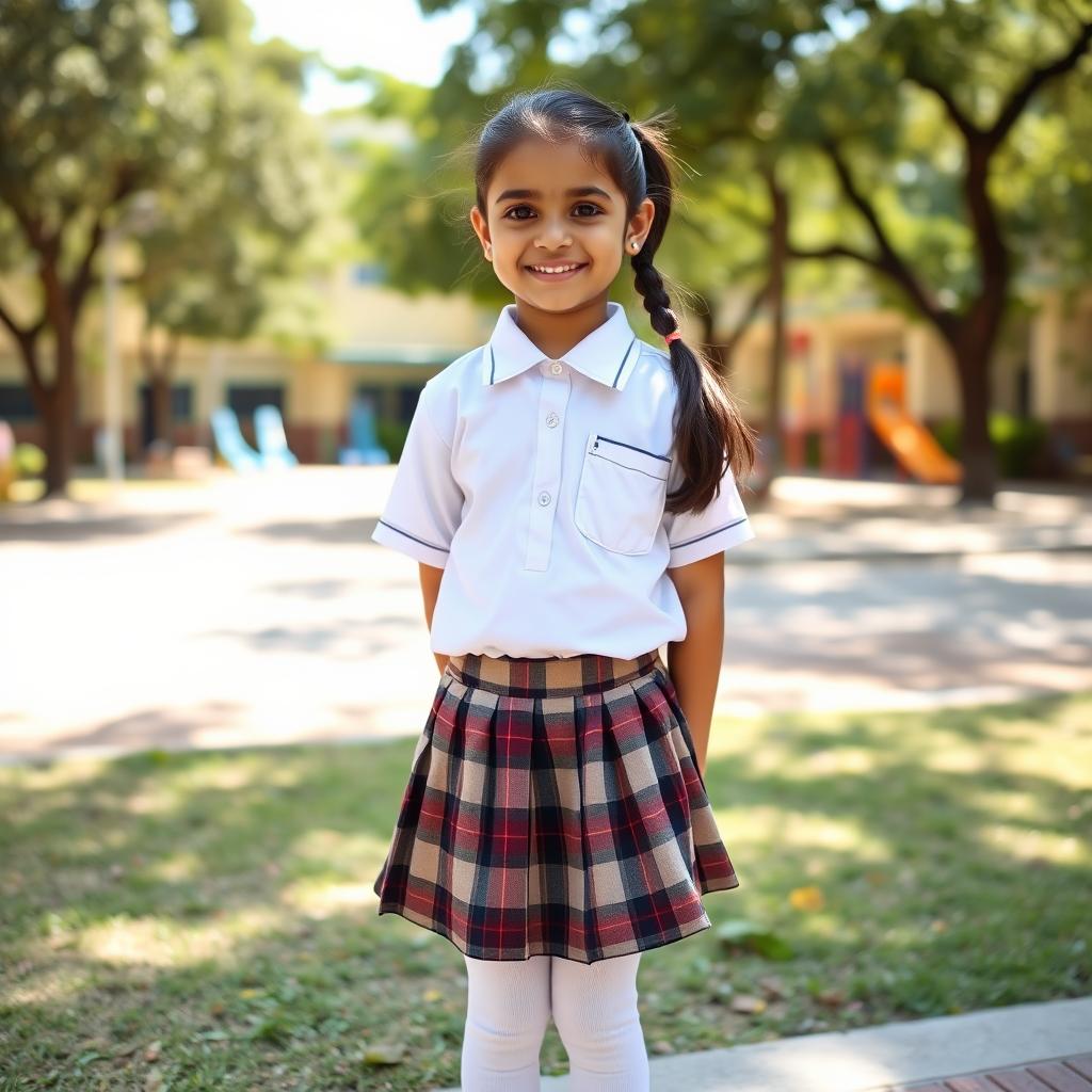 A young Indian school girl dressed in a classic school uniform featuring a white shirt and a knee-length plaid skirt