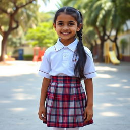 A young Indian school girl dressed in a classic school uniform featuring a white shirt and a knee-length plaid skirt