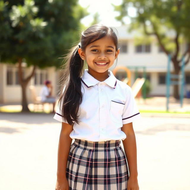 A young Indian school girl dressed in a classic school uniform featuring a white shirt and a knee-length plaid skirt