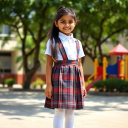 A young Indian school girl dressed in a classic school uniform featuring a white shirt and a knee-length plaid skirt