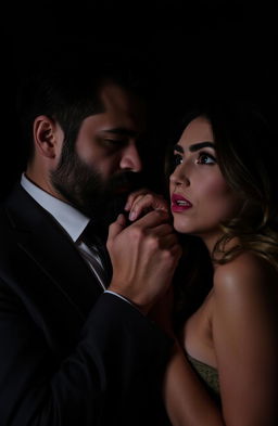 A dramatic scene in dim lighting featuring a man in a stylish suit with a well-groomed beard gripping the jaw of a woman, both in a tense and intense moment