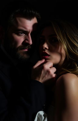 A dramatic scene in dim lighting featuring a man in a stylish suit with a well-groomed beard gripping the jaw of a woman, both in a tense and intense moment