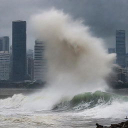 A dramatic scene as a massive tsunami engulfs the already devastated cityscape. The towering wave veils the desolate buildings in its embrace, intensifying the city's haunting transformation from a bustling metropolis to a watery grave.