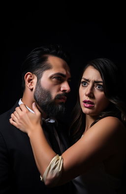 A dramatic scene in dim lighting featuring a man in a stylish suit with a well-groomed beard gripping the jaw of a woman, both in a tense and intense moment