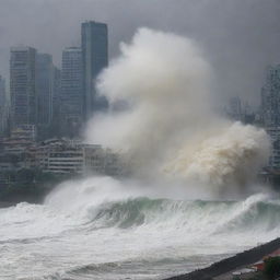 A dramatic scene as a massive tsunami engulfs the already devastated cityscape. The towering wave veils the desolate buildings in its embrace, intensifying the city's haunting transformation from a bustling metropolis to a watery grave.