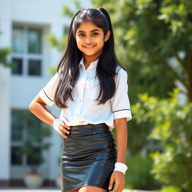 A stylish young Indian school girl portrayed in a confident pose, wearing a fitted black latex tight skirt paired with a traditional white school blouse