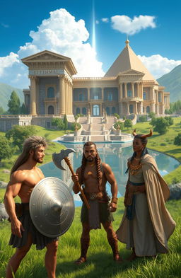 A fantastical scene depicting a majestic school called Etherea designed for demigods from Greek, Norse, and Egyptian backgrounds