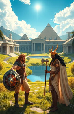 A fantastical scene depicting a majestic school called Etherea designed for demigods from Greek, Norse, and Egyptian backgrounds