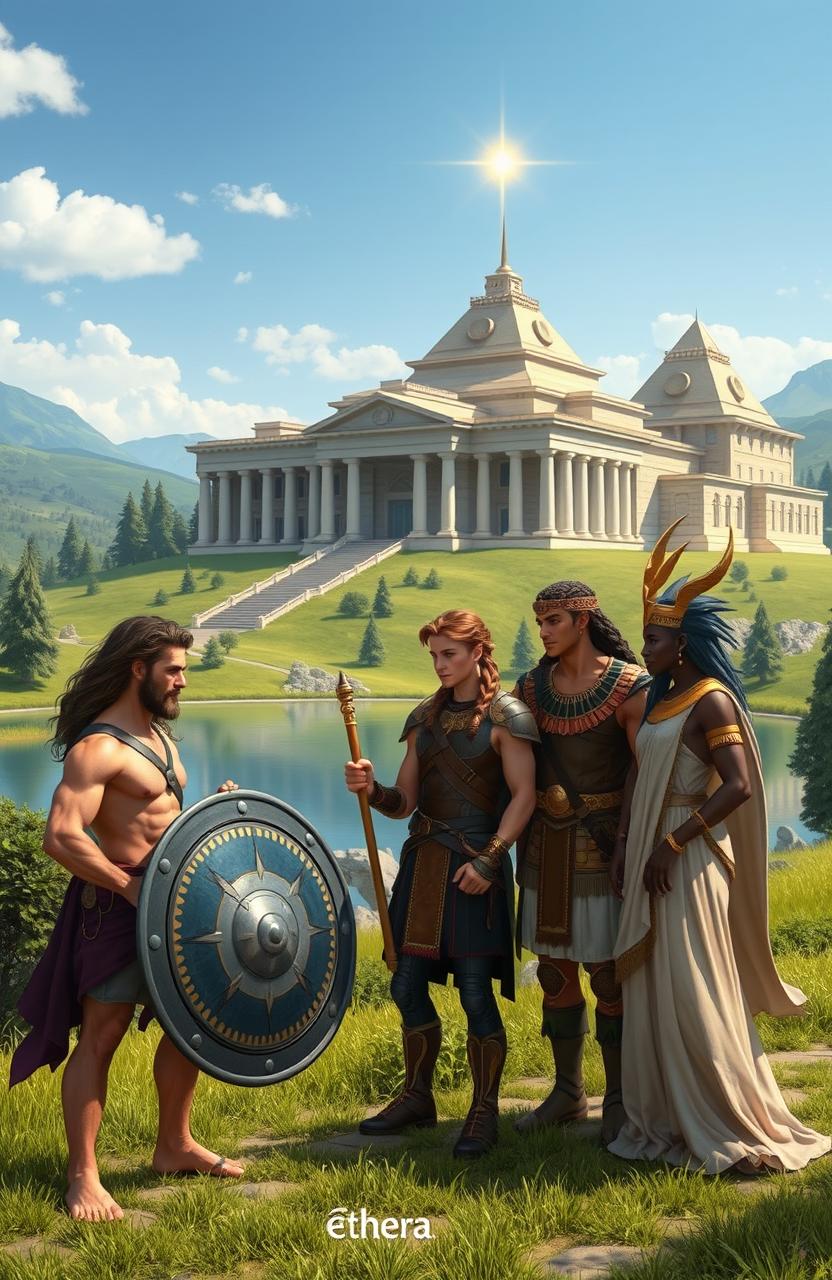 A fantastical scene depicting a majestic school called Etherea designed for demigods from Greek, Norse, and Egyptian backgrounds