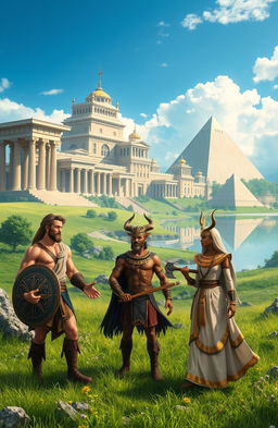 A fantastical scene depicting a majestic school called Etherea designed for demigods from Greek, Norse, and Egyptian backgrounds