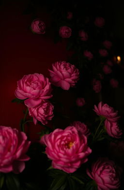 A stunningly atmospheric scene focused on a blood-red wall adorned with lush pink peonies, all illuminated by a soft, eerie glow in darkness, creating a dramatic and enchanting contrast